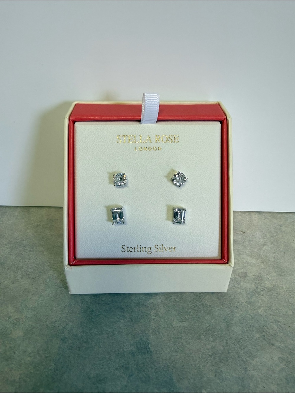 Stella Rose London 2 Pairs Sterling Silver S925 Stud Earrings Round Emerald Cut
